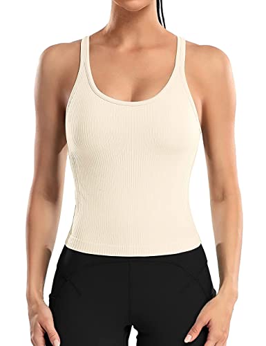ATTRACO Women Ribbed Workout Crop Tops with Built in Bra Yoga Racerback Tank Top Tight Fit - Image 3