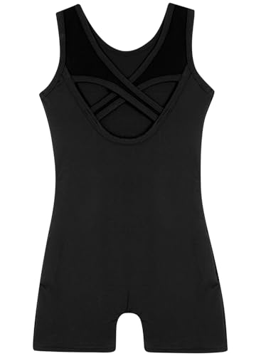 DAXIANG Gymnastics Leotards for Girls Sparkly One Piece Kids Unitard Biketards with Shorts Solid Black 9-10 Years