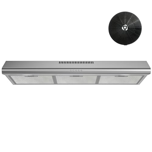 FIREGAS Under Cabinet Range Hood 36 inch with Ducted/Ductless Convertible, Slim Kitchen Vent Hood, LED Light, 3 Speed Exhaust Fan, Reusable Aluminum Filter, Push Button,Charcoal Filter