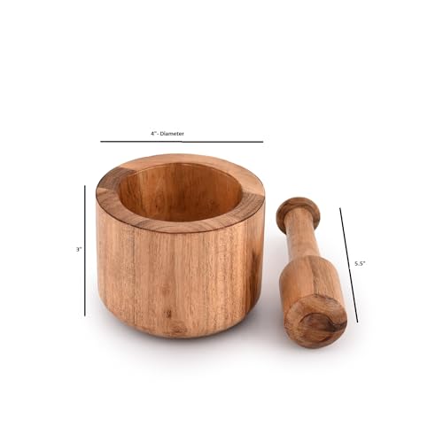Samhita Acacia Wood Mortar and Pestle for Garlic Pepper Herb Crusher Kitchen Utensils Birthday Housewarming Gift. Mortar- 4\" x 3\" Pestle- 5.5\"