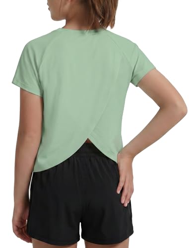 Image of EXARUS Girls Athletic Shirts Quick Dry Workout Split Back Crop Tops 6-14Y | Tween Athletic Sports Soccer Activewear Gym Running Dri Fit Teen Tennis Performance Hiking Short Sleeve Tees Kids 6-14Y