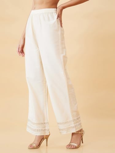 Image of Globus Women Straight Mid Rise Off White Solid Palazzos, 28