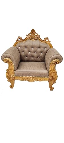 Image of Wooden 5 Seater Sofa Set | 3+ 1+1 Solid Wood Hand-Carved Brown Sofa with Gold Finish | Traditional Design Furniture for Living Room | Home | Office