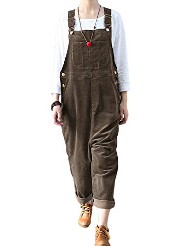Lentta Women's Casual Baggy Corduroy Wide Leg Pants Bib Overall Jumpsuits with Pockets?Coffee-XL?