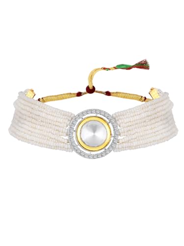 Image of ASMITTA Jewellery White Kundan Pearl Choker Necklace Set for Women with Earrings Bridal Jewellery Set for Wedding & Traditional