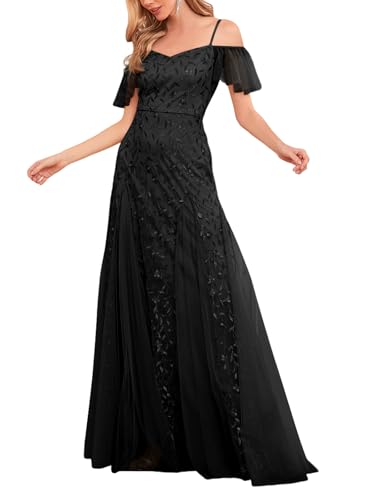 YHHOWEP Women’s Long Formal Evening Gowns Off Shoulder Sequin Tulle Dress Prom Gown Bridesmaid Wedding Guest Dresses Black M