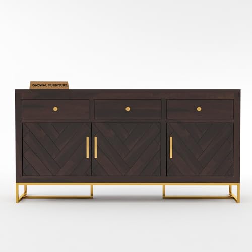 Image of Solid Sheesham Wooden Sideboard Cabinet with 3 Drawer & 3 Shelves - Chest of Drawers Wooden Drawer Storage Cabinet for Bedroom Living Room Storage (Walnut Finish)