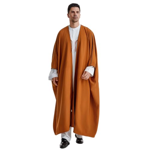 Muslim Men's Pure Color Long Sleeves Bisht Cardigan Robe Ramadan Eid Thobe (Camel, X-Large)2