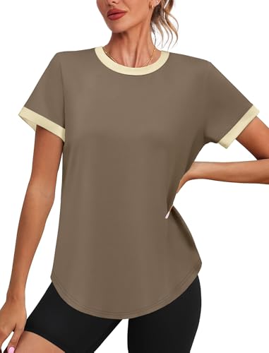 Image of Womens Workout Tops Summer Short Sleeve Shirts Athletic Color Block Gym Clothes Outfits Sun Protection UPF 50+ T Shirts