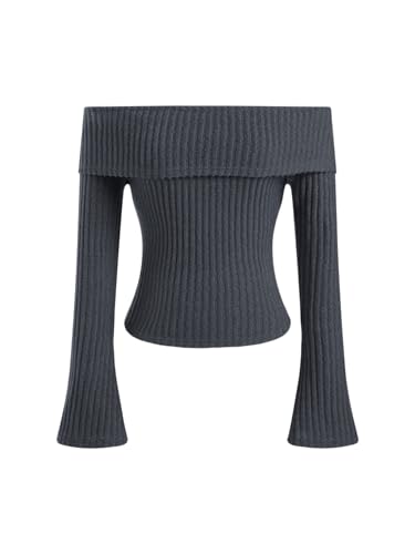 Image of CIDER Off The Shoulder Tops for Womens Sexy Long Sleeve Going Out Tops Knit Cropped Top Trendy Slim Fit