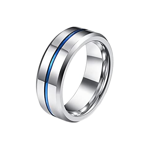 Homxi Mens Engagement Rings Tungsten,Men's Engraved Ring Round 8MM with Lines Blue Ring for Men Mens Ring Size R 1/2 Cover