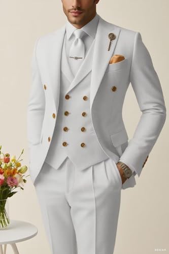 Men 3 Piece Herringbone Slim Fit Suits Wedding Tuxedos Double Breasted Two Button Peak Lapel Blazer Vest Pants Set ALV172