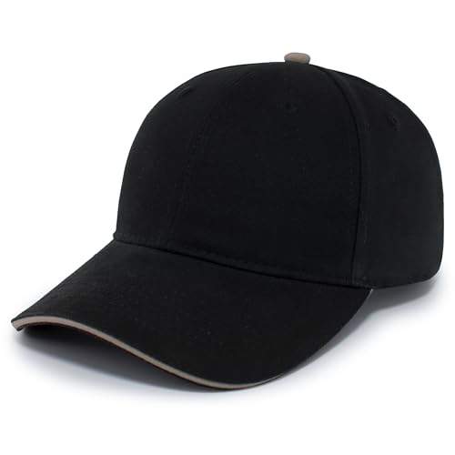 Pacific Headwear Standard Brushed Twill Cap with Sandwich Bill, Black/Khaki