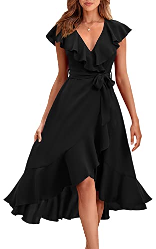 PRETTYGARDEN Women Summer Bohemian Slit Ruffle Beach Dresses Casual Cross V Neck Tie Dress A-Line Swing Midi Sun Dress (Black,X-Large) by PRETTYGARDEN - Image 2