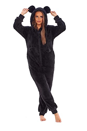 Keanu KL759-B-16-18 - Ladies Snuggle Fleece Onesie with Novelty Hood and Pom Poms - Black - Size 16-18