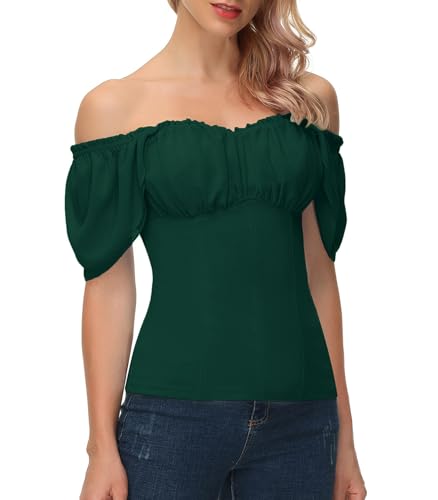 Green Tops for Women 2025 Trendy Ruffle Sleeve Shirt Summer Casual Blouse Solid Cute Off The Shoulder Top Dark Green M