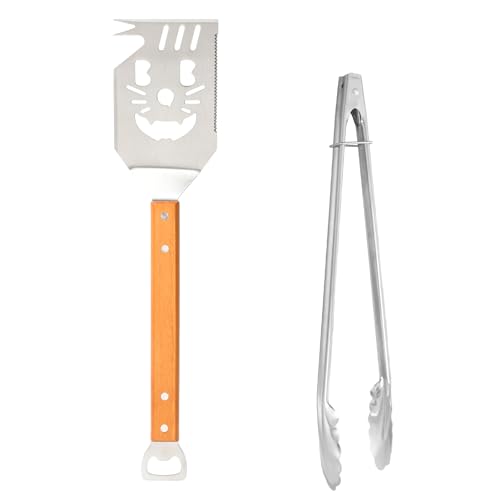 Accesorios Barbacoa, Utensilios Barbacoa, Acero Inoxidable Espátula Madera, Kit Barbacoa Completo, 2 Piezas