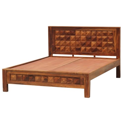 Image of Diomond Sheesham Wood Queen Size Bed Without Storage (84x62 Inch) | Wooden Double Bed Cot for Bedroom Furniture | Modern Palang Design for Home & Hotels | Honey Finish
