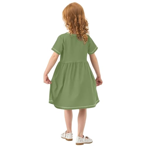 Dark Olive Green Toddler Girl Dress Summer Short Sleeve A-Line UPF50+ Casual Sundress for Girls 2T-8T Playwear Outfits3