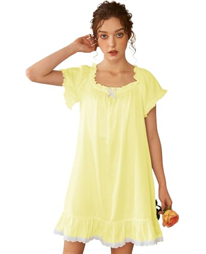 Image of Nanxson Women's Cotton Nightgown Short Sleeve Sleepwear Vintage Nightshirt | Summer Victorian Sleepdress,White Sleepshirt,U Neck Lace Loungewear,Soft Nightshirt,Loose Loungedress,Bride Nightwear