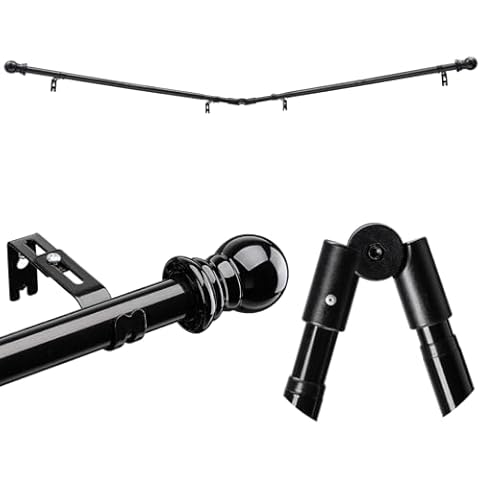 1 Inch Bay Window Curtain Rods 32-96 Inch Retractable Metal Corner Curtain Rods for Blackout Curtains with Wall Mount Black Round Finials Cover