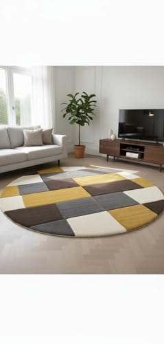 Image of Modern Shaggy Round Rug | Ultra-Soft Plush Circle Carpet for Living Room, Bedroom, Nursery | Fuzzy, Fluffy Area Rug with Non-Slip Base Yellow Multi 6x6 feet