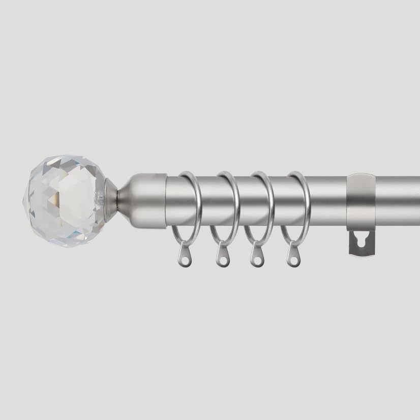 Extendable Curtain Pole | Crystal Metal Curtain Pole Set 25mm | Includes Rings, Finials, Brackets & Fittings (40cm to 325cm, Satin Nickel)