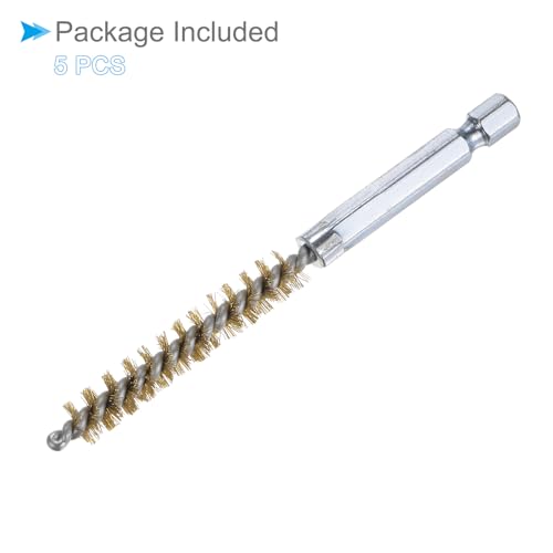 Image of Bore Brush, 8mm Dia 4 Inch Length, Brass Cleaning Wire Brushes with 1 /4 Inch Hex Shank - (Applications: for Power Drill, Die Grinder), 5-Pieces