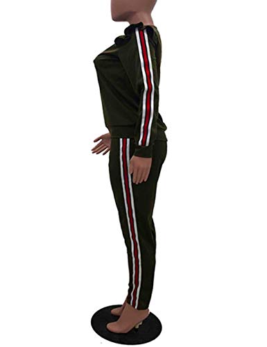 Women's 2 Piece Striped Patchwork Outfits Ruffle Sleeve Sweatshirt And Pants Sweatsuits Set Tracksuits Army Green L #TOP3