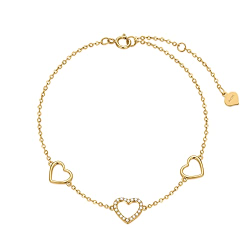 14K Real Gold Three Heart Anklets For Women, Love Ankle Bracelet Foot Jewelry For Wife/Mother/Girlfriend, Birthday Gifts For Her, 9.4"-11" #TOP14