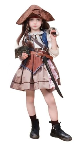 Halloween Girls Pirate Princess Lolita Dress Kids Brown and Blue Tutu Skirt with Tricorn Hat Belt Accessories4