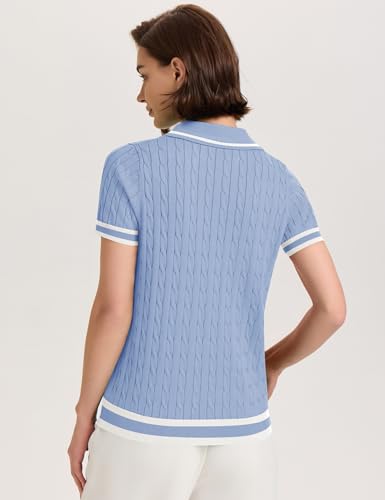 Image of Micoson Womens Short Sleeve Sweater Tops Lapel V Neck Polo Shirts 2026 Summer Cable Knit Loose Blouse Business Casual Outfits