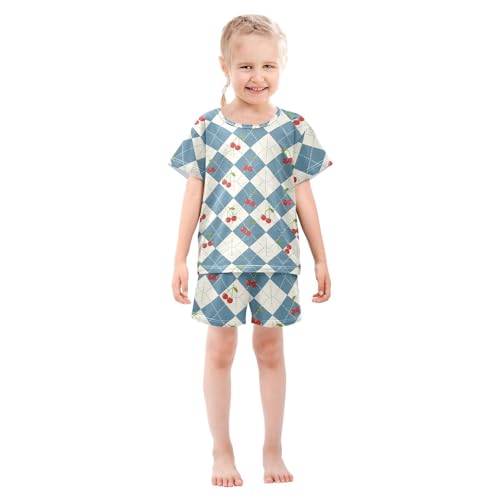 Pajama Short Sets Cherry Diamond Pattern Soft Cotton Summer Sleepwear 2 Piece PJS Size 5-14T4