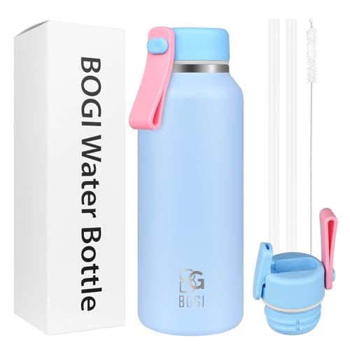 Image of BOGI 350ml Small Metal Water Bottle with Straw,Leakproof 2 Lids(Loop&Straw