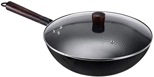 Wok de hierro fundido con tapa y mango de madera 12.5 pulg