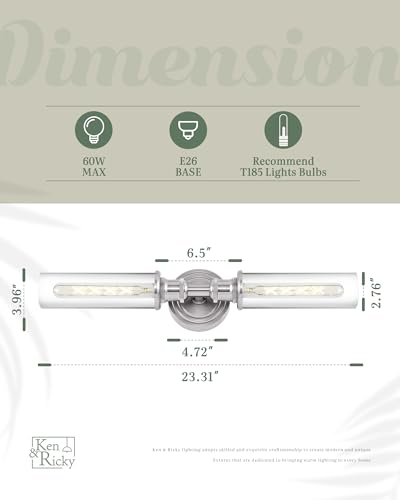 Image of Ken & Ricky Hardwired Modern 24 inch Wall Sconce,Brush Nickel | Clear Glass,Easy Install,Sconces Decor,1PK,Wall Light fixtures for Bathroom Mirror Living Room Hallway Bedroom