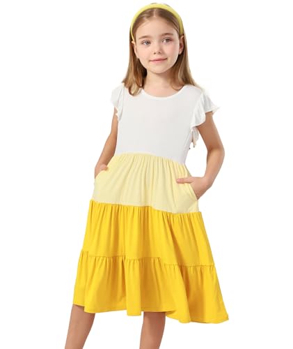 Bamboo Viscose Girl's Summer Dresses 5-14Y, Flutter Sleeve Tiered Swing Midi Casual Sundress with Pockets