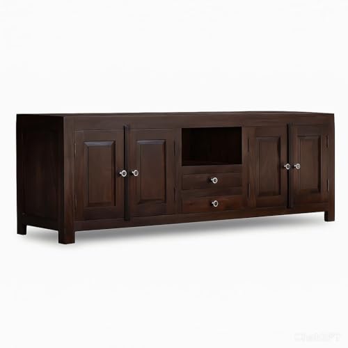 Image of Sheesham Wood TV Stand and Shelf Storage Entertainment Unit Center Console TV Table Wooden Tv Cabinet for Living Room Home (Dark Walunt)