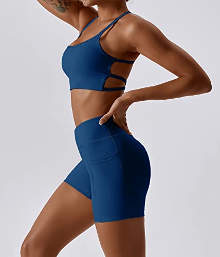 Iwemek Workout Sets For Womem 2 Piece Criss Cross Back Sport Bra Cross Waist High Waist Booty Shorts With Pocket Exercise Gym Yoga Outfits Cross Back Blue Medium #TOP2