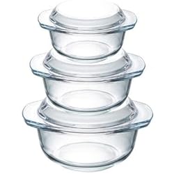 Cacerola Para Microondas Juego de 3 platos de cacerola de vidrio con tapa, 1+1.4+1.7L plato de cazuela de tapa redonda y manijas a prueba de horno, microondas