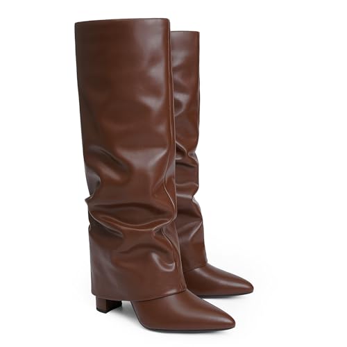 Image of Knee High Boots Women Fold Over Boots Chunky Heel Pointed Toe Tall Boots | Fashion Slouchy Boots,Side Zipper Shark Boots,Fall Spring Winter Fashion Dress Tall Boots,Evening Bridal office Long Boots