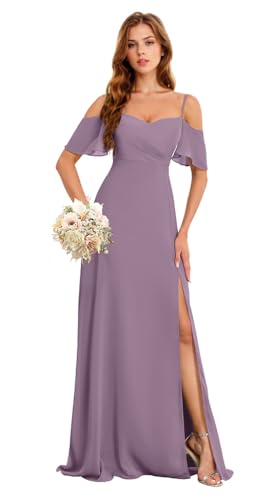 Image of Chiffon Bridesmaid Dress with Slit Wisteria Long Bridesmaid Wedding Guest Dresses Evening Gowns US12 HGR93