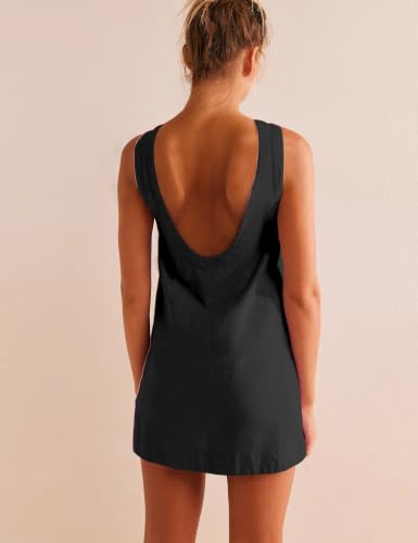 Image of VIUTIL Womens Summer Linen Mini Dress Boat Neck Low Back Sleeveless Tank Dresses with Pockets 2026 Vacation Outfits