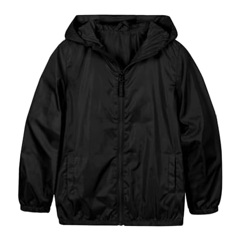 SUNDAY ROSE Boys Rain Jacket Lightweight Breathable Raincoat Waterproof Hooded Windbreaker For Kids Black 16 Cover
