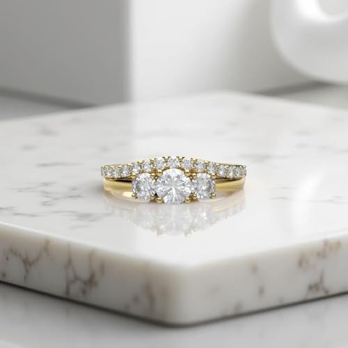 JEWELS FORUM 14k Gold 0.84 Carat Diamond Engagement Ring Set 3 Stone Bridal Ring Set For Women 0.33cts Solitaire Round Diamond Pave Set Anniversary Wedding Bands (Color HI/Clarity I1-2)3