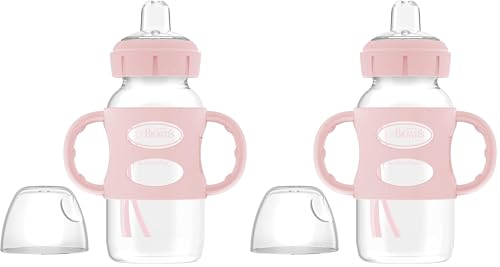 Image of Dr. Brown's Milestones Wide-Neck Sippy Spout Bottle with 100% Silicone Handles, Easy-Grip Handles with Soft Sippy Spout, 9oz/270mL, Light-Pink, 2-Pack, 6m+