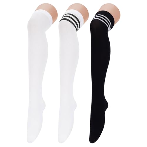 Image of Century Star Thigh High Socks 3 Pairs High Socks Over the Knee for Women Triple Stripe Thigh High Stockings Knee High Socks