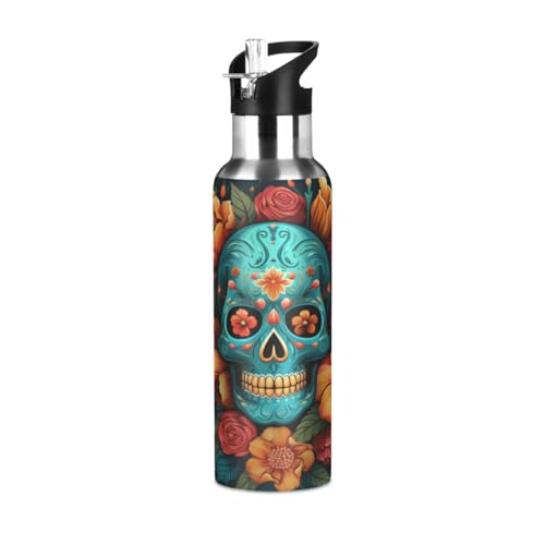 Esqueleto de caveira de açúcar de flor garrafa de água desportiva com palha de aço inoxidável, garrafas térmicas sem BPA para crianças desporto ginásio ciclismo escola (600 ml/1 l)