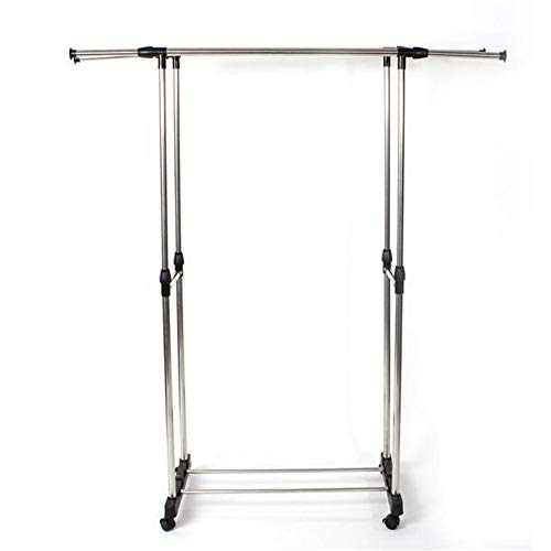 Metal Garment Rack with Wheels Dual Bar Vertically Horizontally-Stretching Clothes Rack with Shoe Rack Sliver