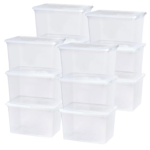 Image of IRIS USA 12-Pack Storage Bins with Lids, 68 Quart, Clear Stackable Containers Box Organize Shoes Closet Shelves Clothes Blankets Towels - BPA-Free Plastic